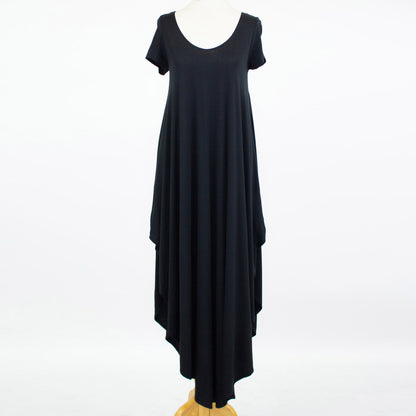 Yellow Hera side slit short sleeve casual maxi dress laid flat, showing its flowing fabric and relaxed fit.