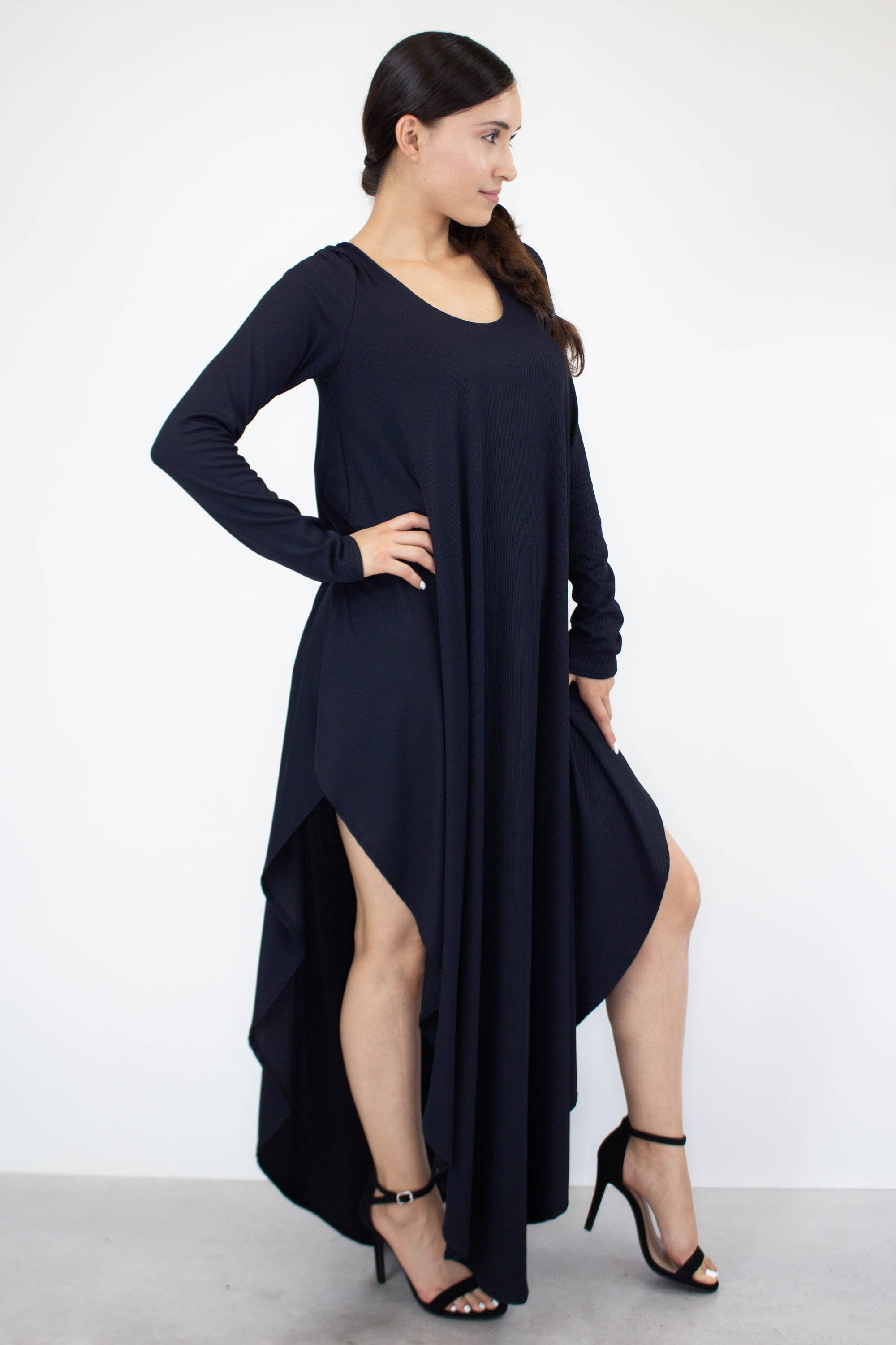 Yellow Hera asymmetric long sleeve maxi dress, flowing fabric with elegant design, full-length clothing for women.