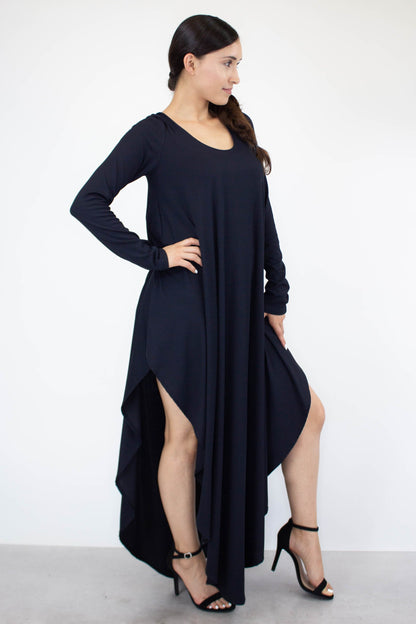 Yellow Hera asymmetric long sleeve maxi dress, flowing fabric with elegant design, full-length clothing for women.