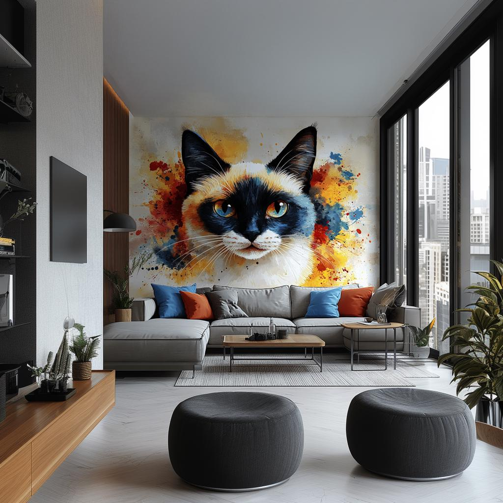 Colorful watercolor Siamese cat wall decal with blue eyes, vinyl sticker art for living room or bedroom decor.
