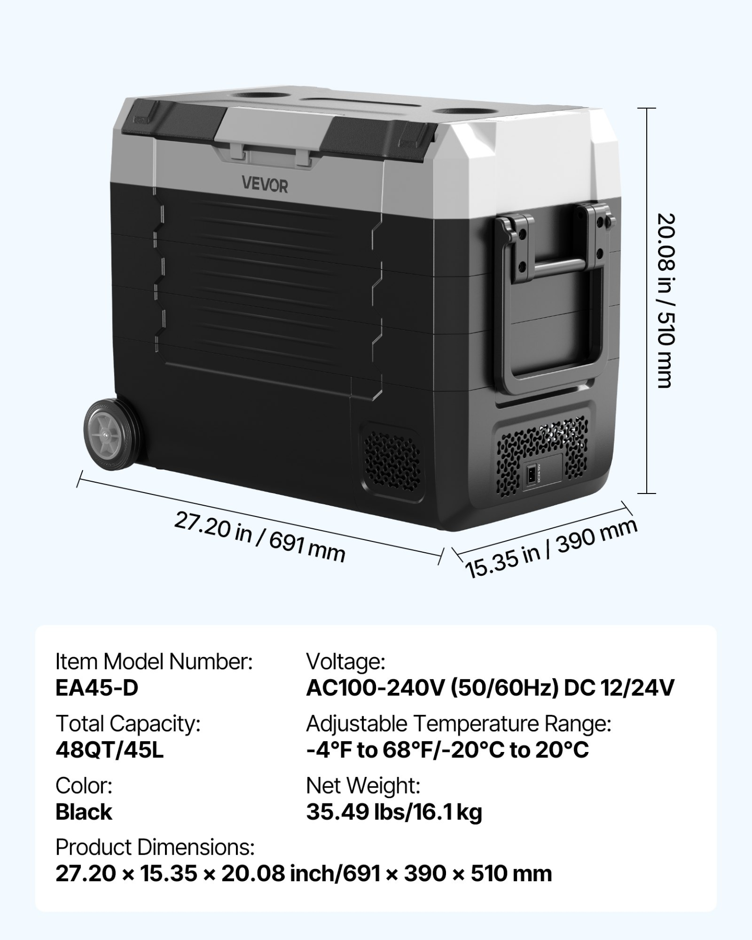 Start2Finish VEVOR 48 QT car refrigerator with dual zones, wheels, and app control, suitable for RVs, boats, camping, and fishing.