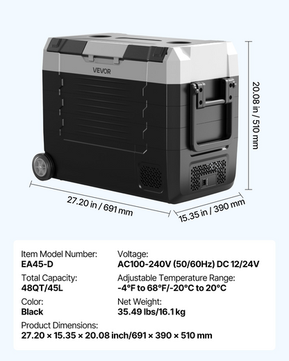 Start2Finish VEVOR 48 QT car refrigerator with dual zones, wheels, and app control, suitable for RVs, boats, camping, and fishing.