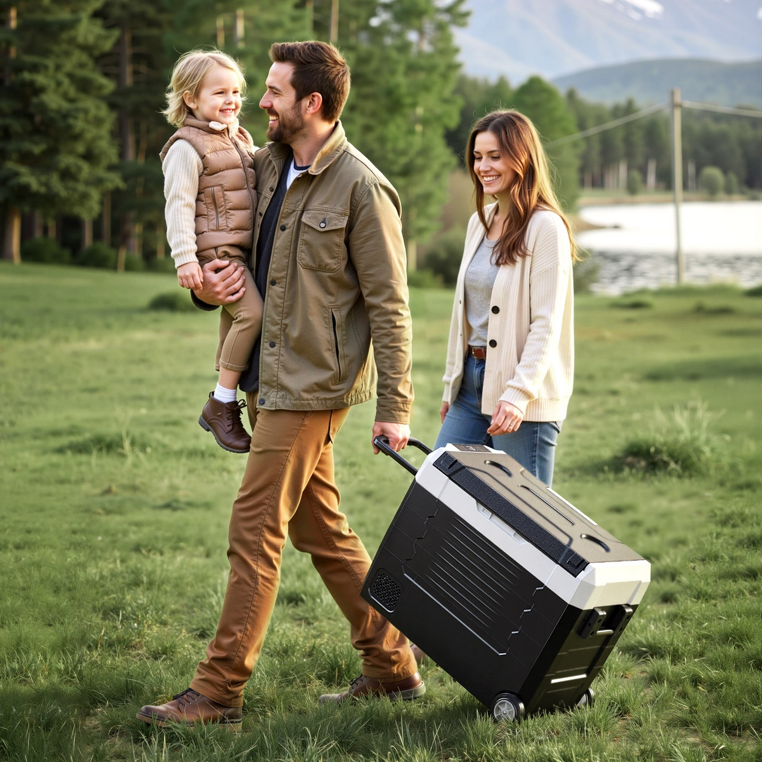 Start2Finish VEVOR 48 QT car refrigerator with dual zones, wheels, APP control, compressor cooling, ideal for RVs, trucks, and camping.