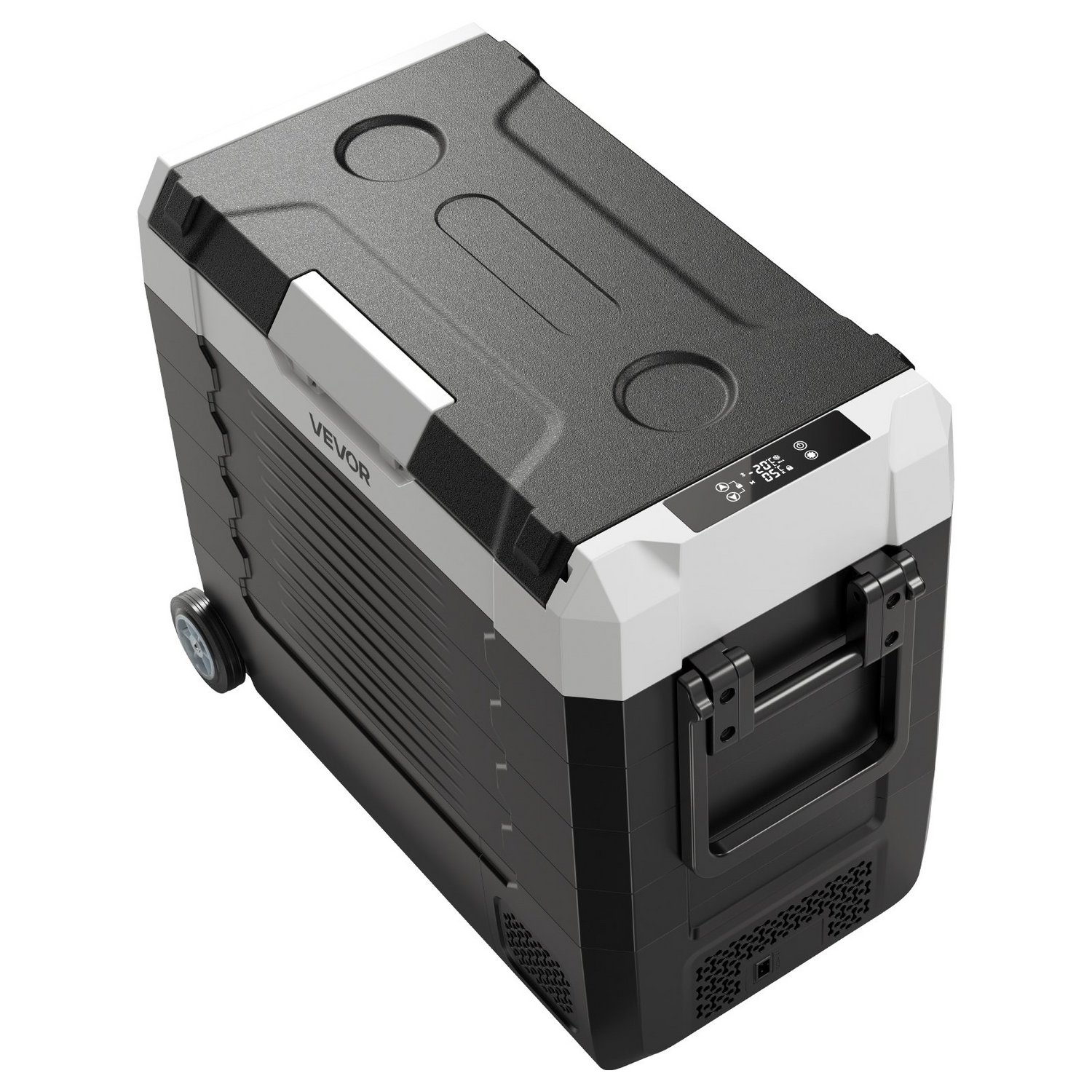 Start2Finish VEVOR car refrigerator with dual zones, wheels, APP control, 58 QT capacity, suitable for RVs, boats, camping, and fishing.
