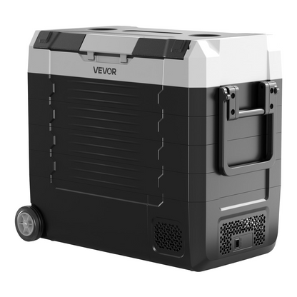 Start2Finish VEVOR car refrigerator with digital control, dual zones, wheels, and compact design for RVs, trucks, camping, and fishing.