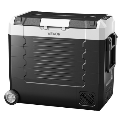 Start2Finish VEVOR 58 QT car refrigerator with dual zones, wheels, and app control, suitable for RVs, boats, and camping trips.