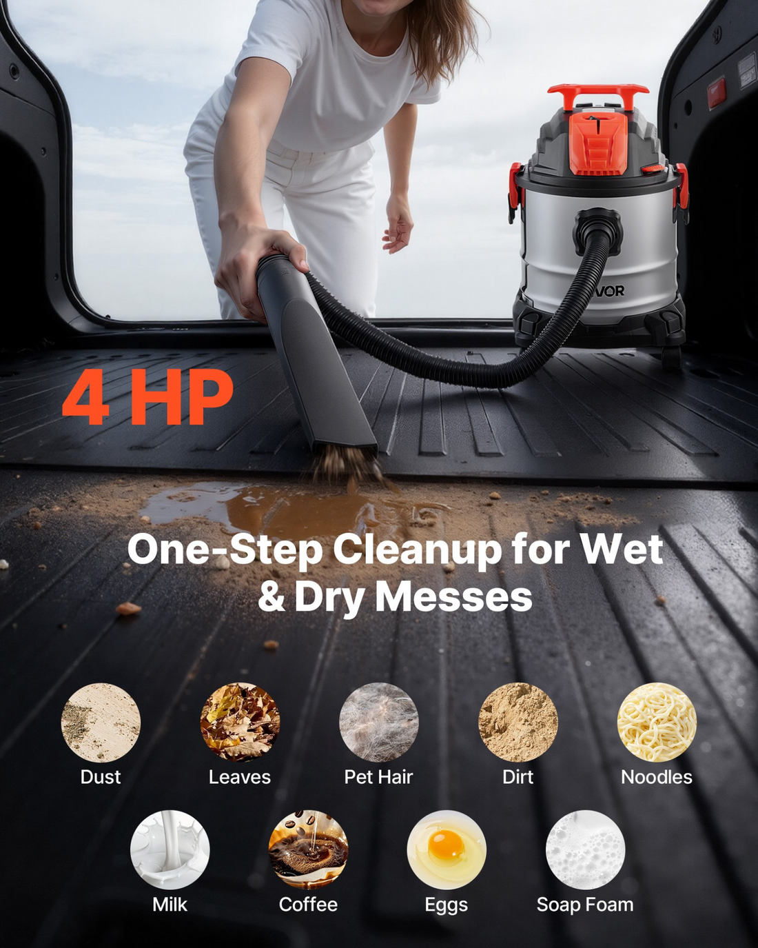 Start2Finish VEVOR 5.8-gallon wet dry shop vacuum with 4 peak HP, metal tank, 7ft hose, self-cleaning, ideal for garage and workshop.