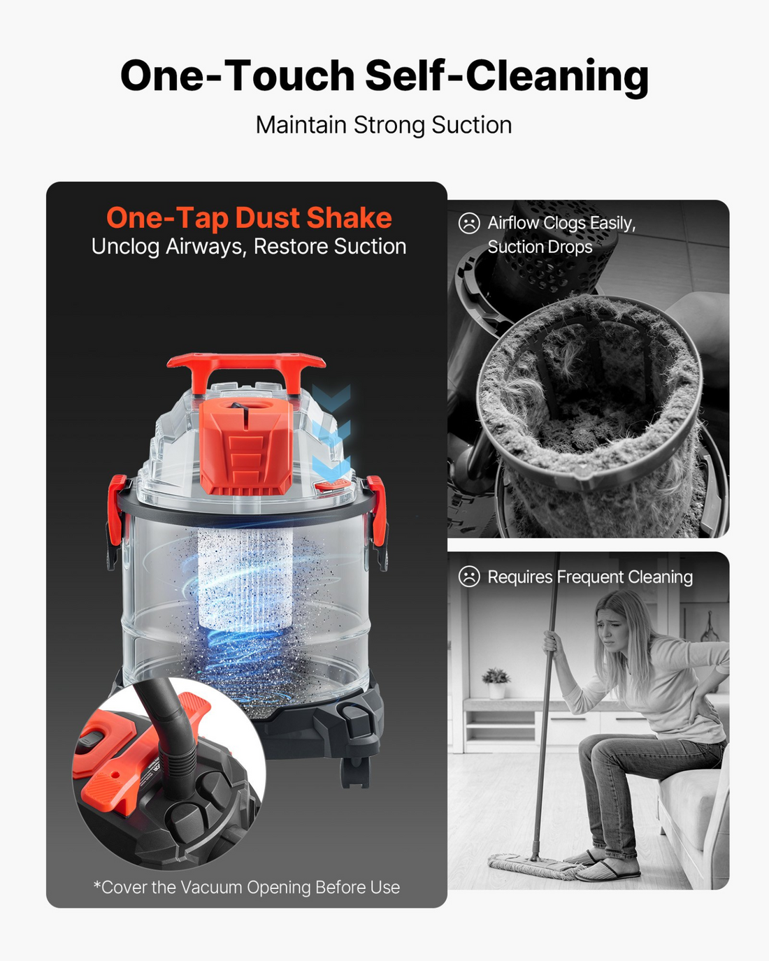 Start2Finish VEVOR 5.8-gallon wet dry shop vacuum with 4 HP, metal tank, 7ft hose, and self-cleaning for garage and workshop use.