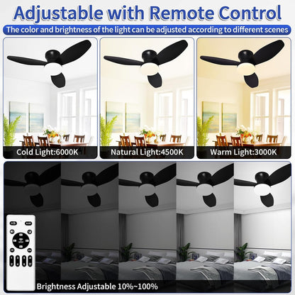 32 Inch Flush Mount Ceiling Fan With Remote Dimmable LED Light Timer