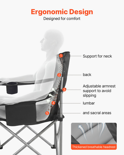 Start2Finish VEVOR oversized camping chairs with padded backrest, armrests, cup holder, side pocket, cooler bag, and carry bags for outdoor use.