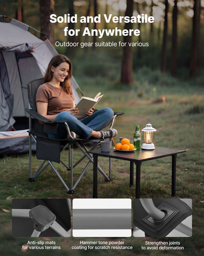 Start2Finish VEVOR oversized camping chairs with padded backrest, armrests, cup holder, side pocket, cooler bag, and carrying case for outdoor use.