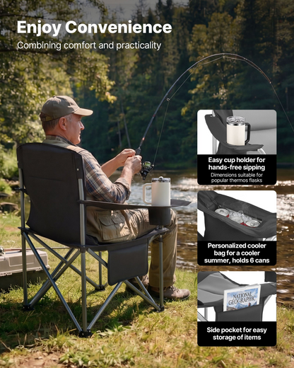 Start2Finish VEVOR oversized camping chairs with padded backrest, armrests, cup holder, side pocket, cooler bag, and carry bags for outdoor use.
