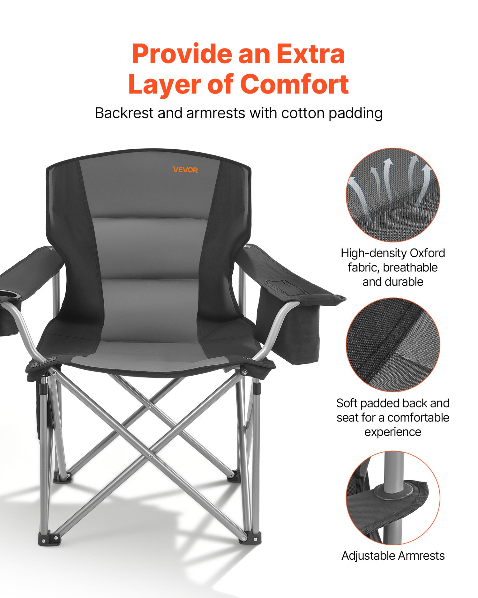 Start2Finish VEVOR oversized camping chairs with padded backrests, armrests, cup holder, side pocket, cooler bag, and carry bags for outdoor use.