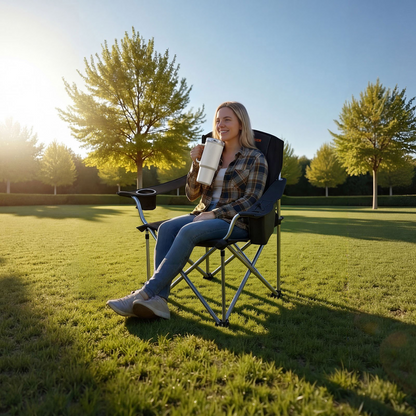 Start2Finish VEVOR oversized camping chairs with padded backrest, armrests, cup holder, side pocket, cooler bag, and carry bags.