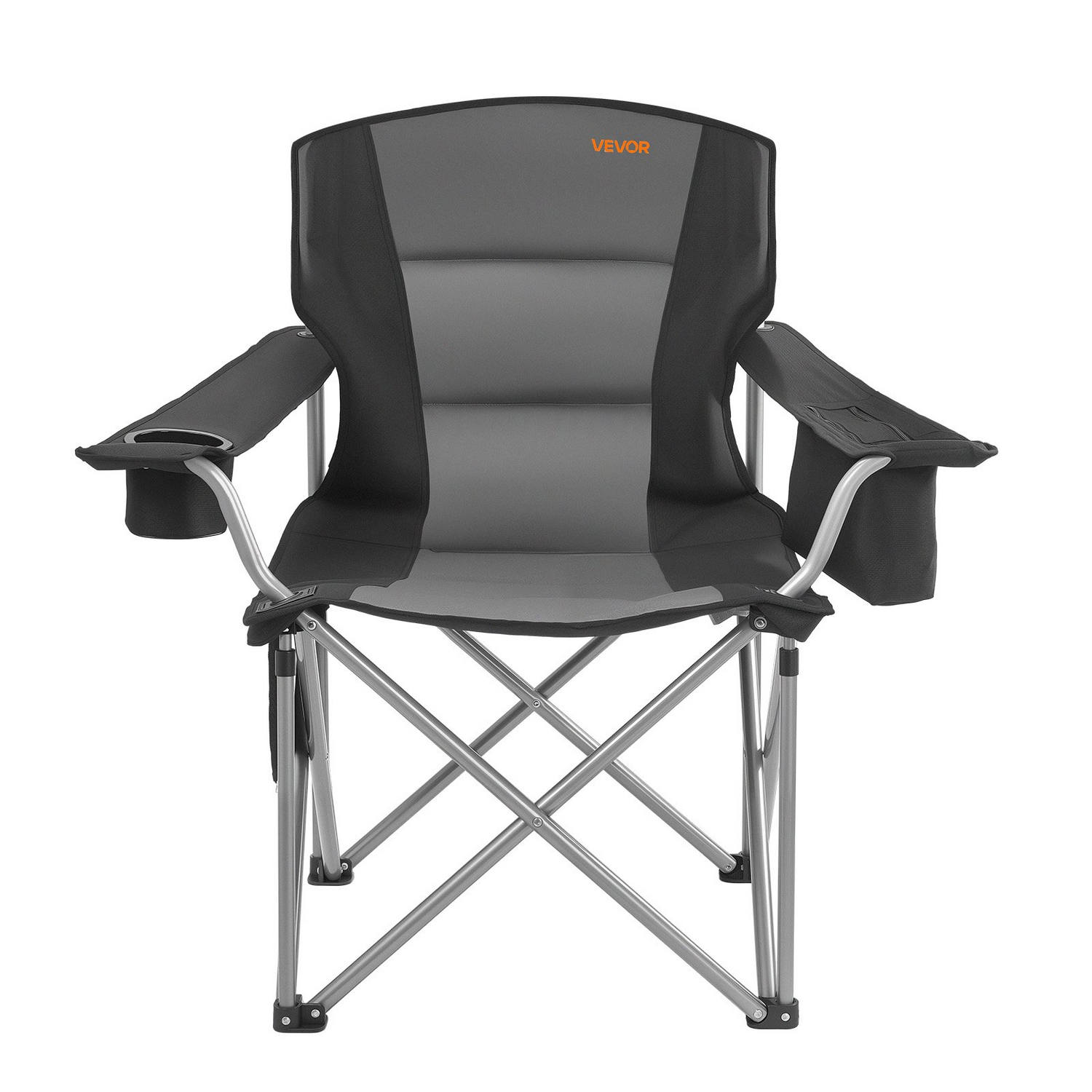 Start2Finish VEVOR oversized camping chairs with padded backrest, armrests, cup holder, side pocket, cooler bag, and carry bags for outdoor use.