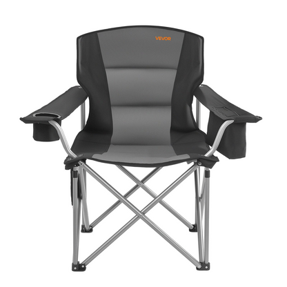 Start2Finish VEVOR oversized camping chairs with padded backrest, armrests, cup holder, side pocket, cooler bag, and carry bags for outdoor use.