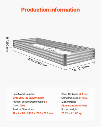 Start2Finish VEVOR metal raised garden bed in galvanized color, 12x4x1 ft outdoor planter for vegetables, flowers, and succulents