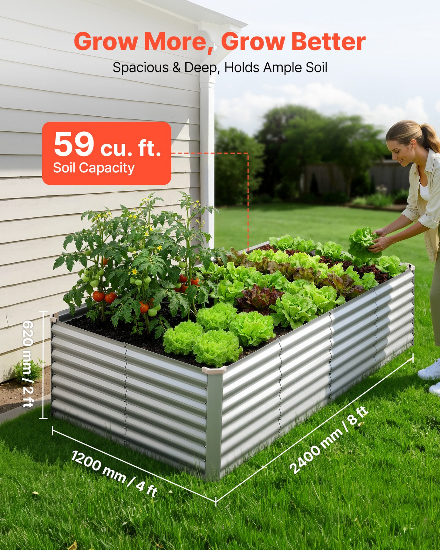 Start2Finish galvanized raised garden bed in silver, 8x4x2 ft, rectangular outdoor planter box with gloves, rustproof aluminum-zinc finish.