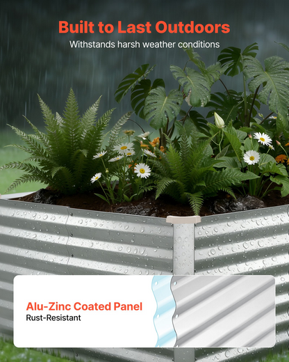 Start2Finish galvanized raised garden bed in silver, 8x4x2 ft metal planter box with gloves for outdoor vegetable and flower planting