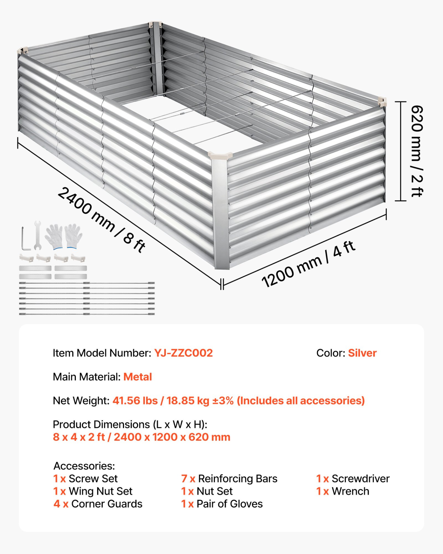 Start2Finish galvanized raised garden bed in silver, 8x4x2 ft, rectangular metal planter box with gloves for outdoor vegetable and flower gardening.