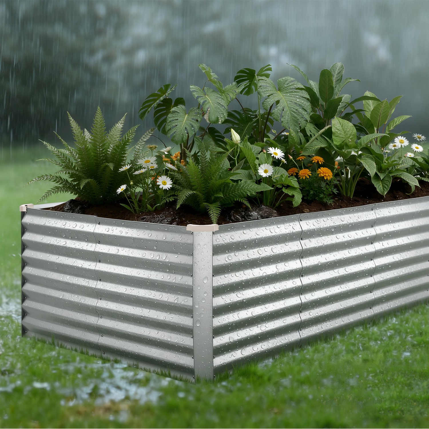 Start2Finish galvanized garden bed, 8x4 ft rectangular metal planter box with gloves, rustproof aluminum-zinc, for outdoor flowers and vegetables.