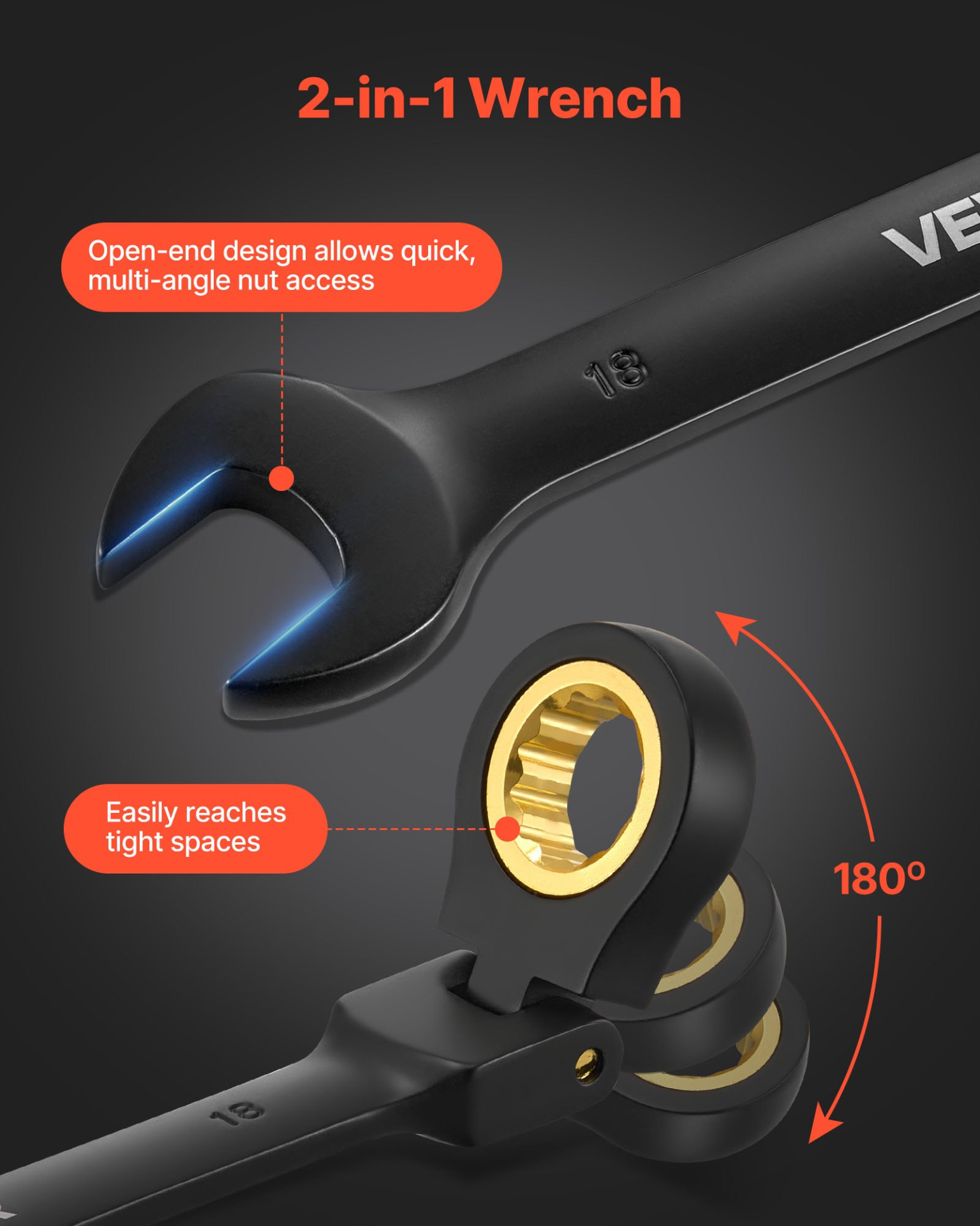Start2Finish VEVOR 24-piece flex-head ratcheting wrench set with black Cr-V steel, SAE and metric sizes, in a storage case.