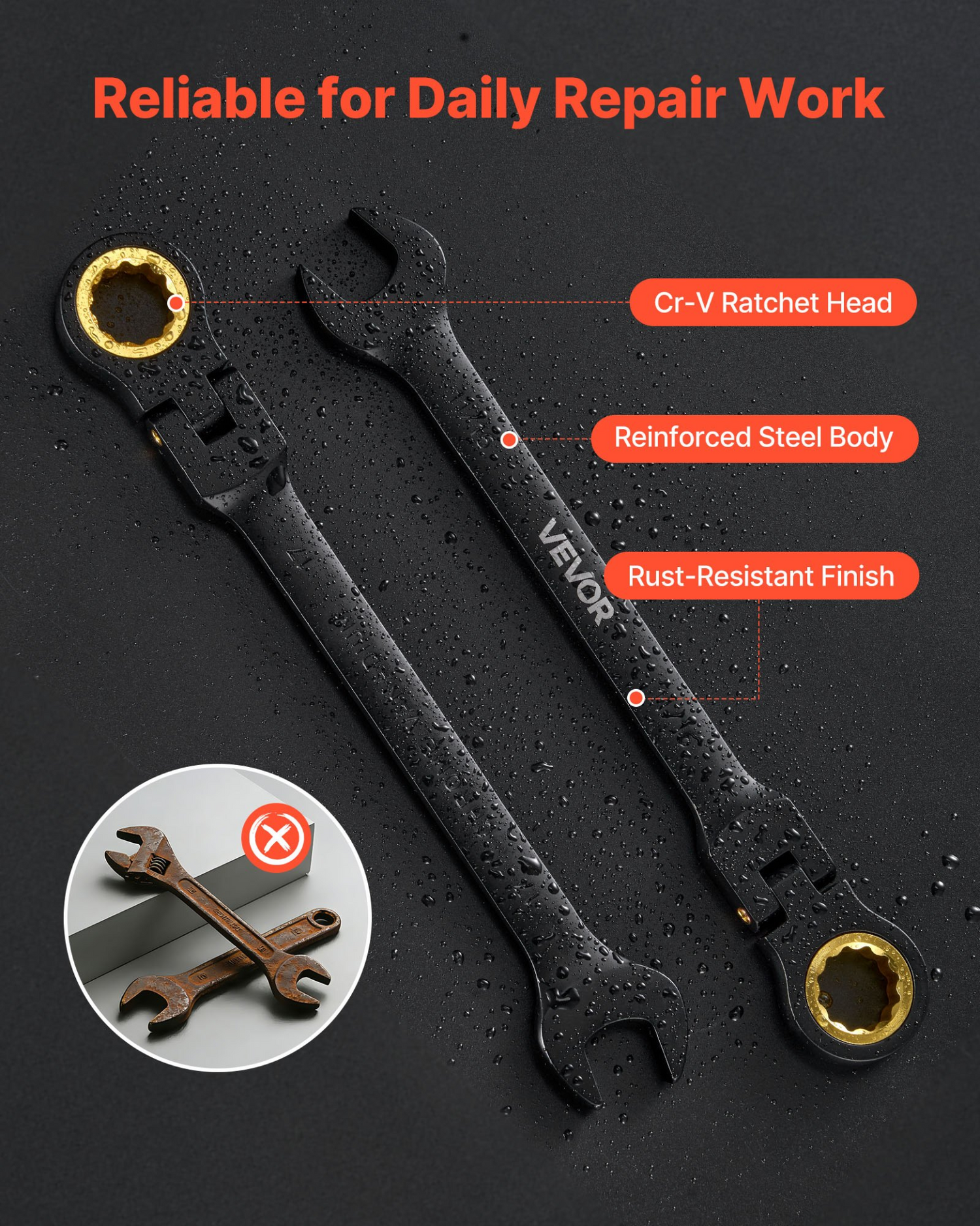 Start2Finish VEVOR 24-piece flex-head ratcheting wrench set with black Cr-V steel, SAE and metric sizes, in storage case.