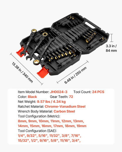 Start2Finish VEVOR 24-piece flex-head ratcheting wrench set with black Cr-V steel, SAE and metric sizes, in storage case for repairs.