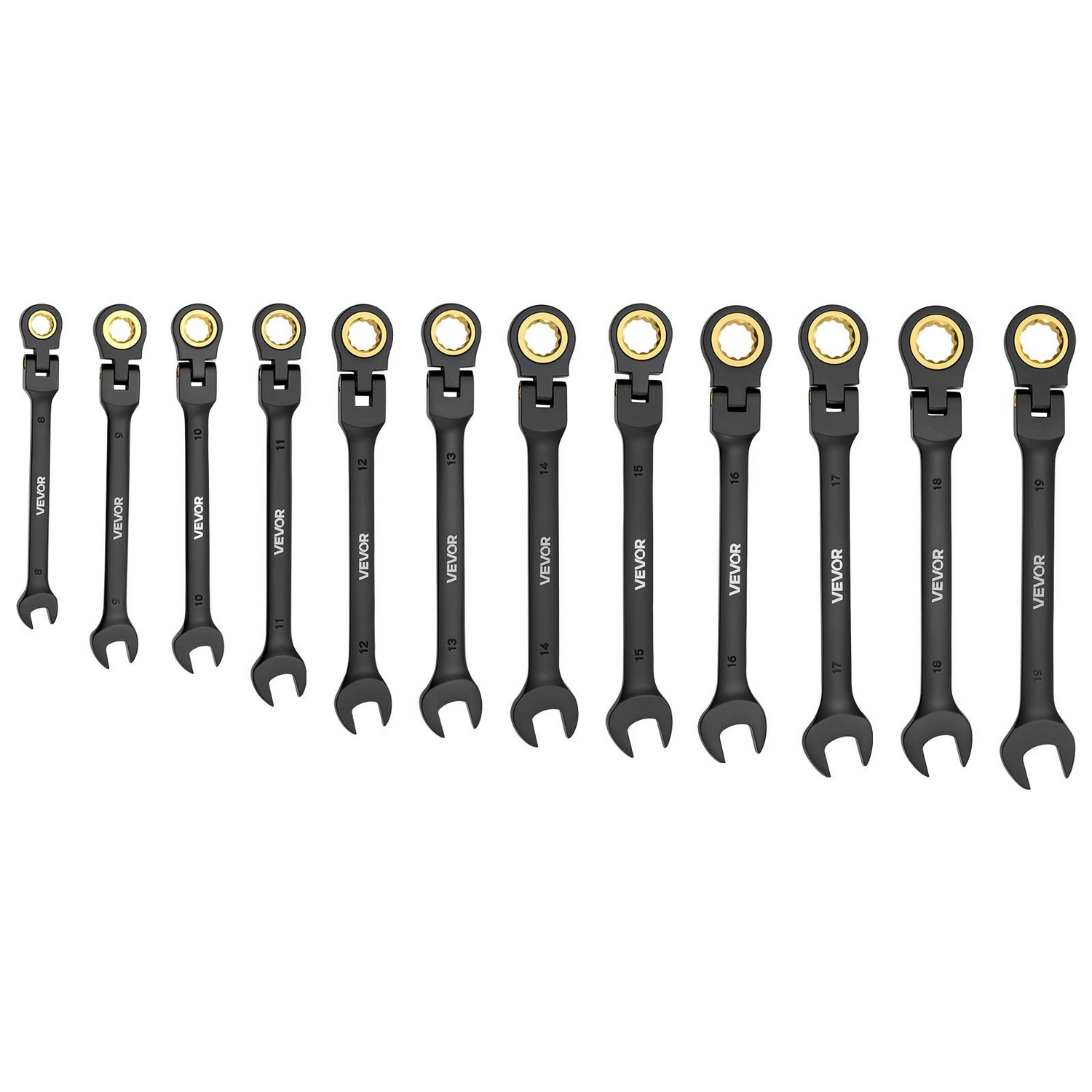 Start2Finish VEVOR 24-piece flex-head ratcheting wrench set with black Cr-V steel, stored in case, for household and automotive repairs.