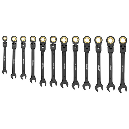 Start2Finish VEVOR 24-piece flex-head ratcheting wrench set with black Cr-V steel, stored in case, for household and automotive repairs.