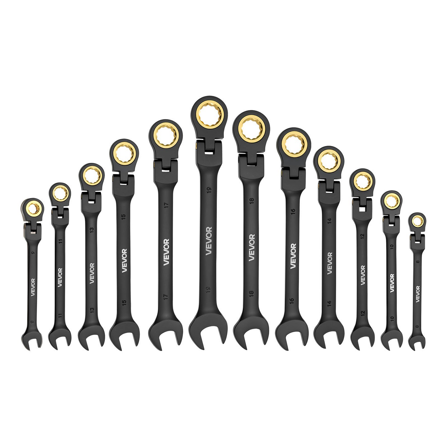 Start2Finish VEVOR 24-piece ratcheting wrench set with black Cr-V steel, flexible head, and storage case for household and auto repairs.