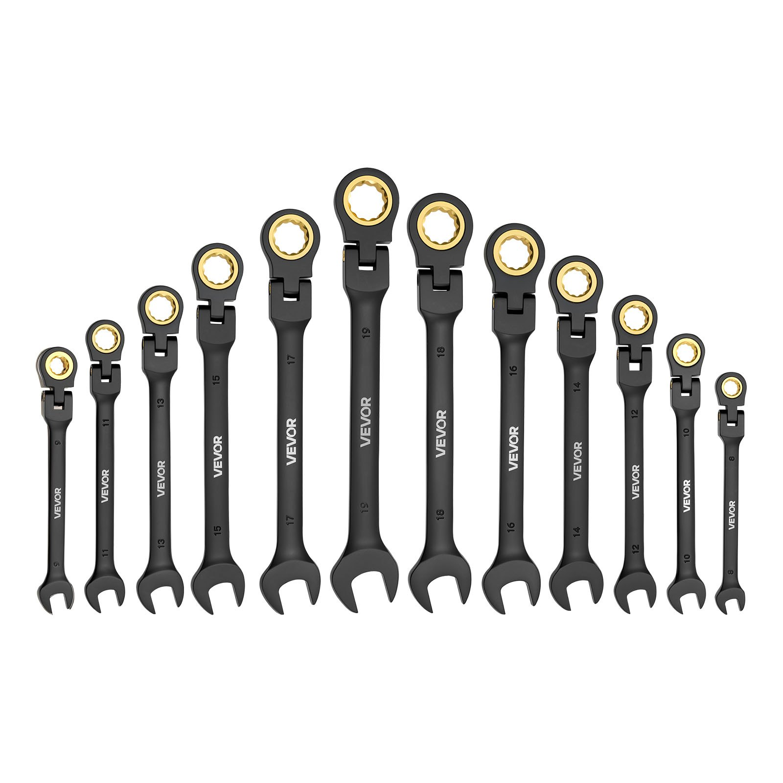 Start2Finish VEVOR 24-piece ratcheting wrench set with black Cr-V steel, flexible head, and storage case for household and auto repairs.