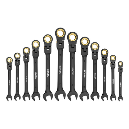 Start2Finish VEVOR 24-piece ratcheting wrench set with black Cr-V steel, flexible head, and storage case for household and auto repairs.