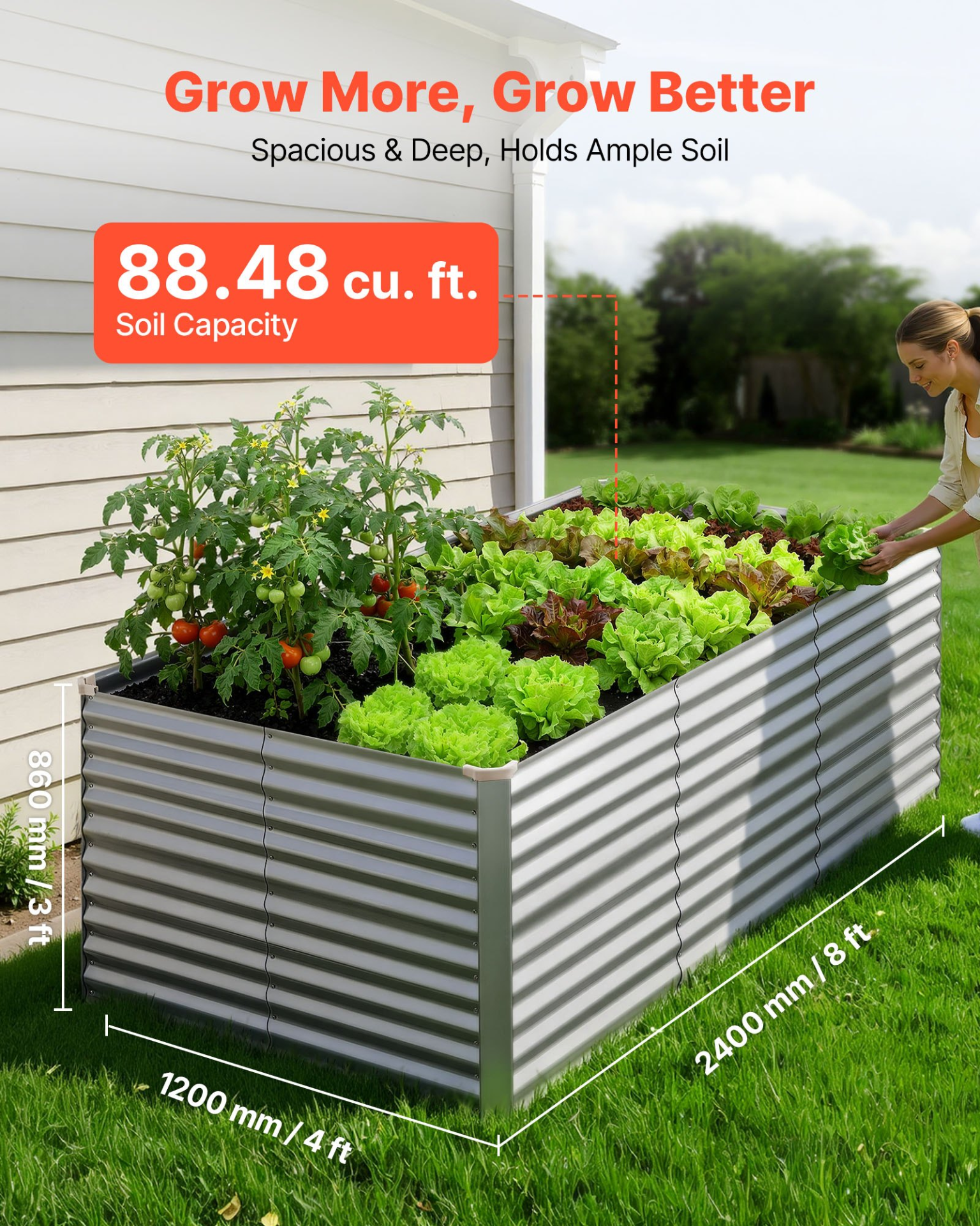 Start2Finish galvanized raised garden bed, 8x4x3 ft, outdoor metal planter box with gloves, rustproof aluminum-zinc for flowers or vegetables.