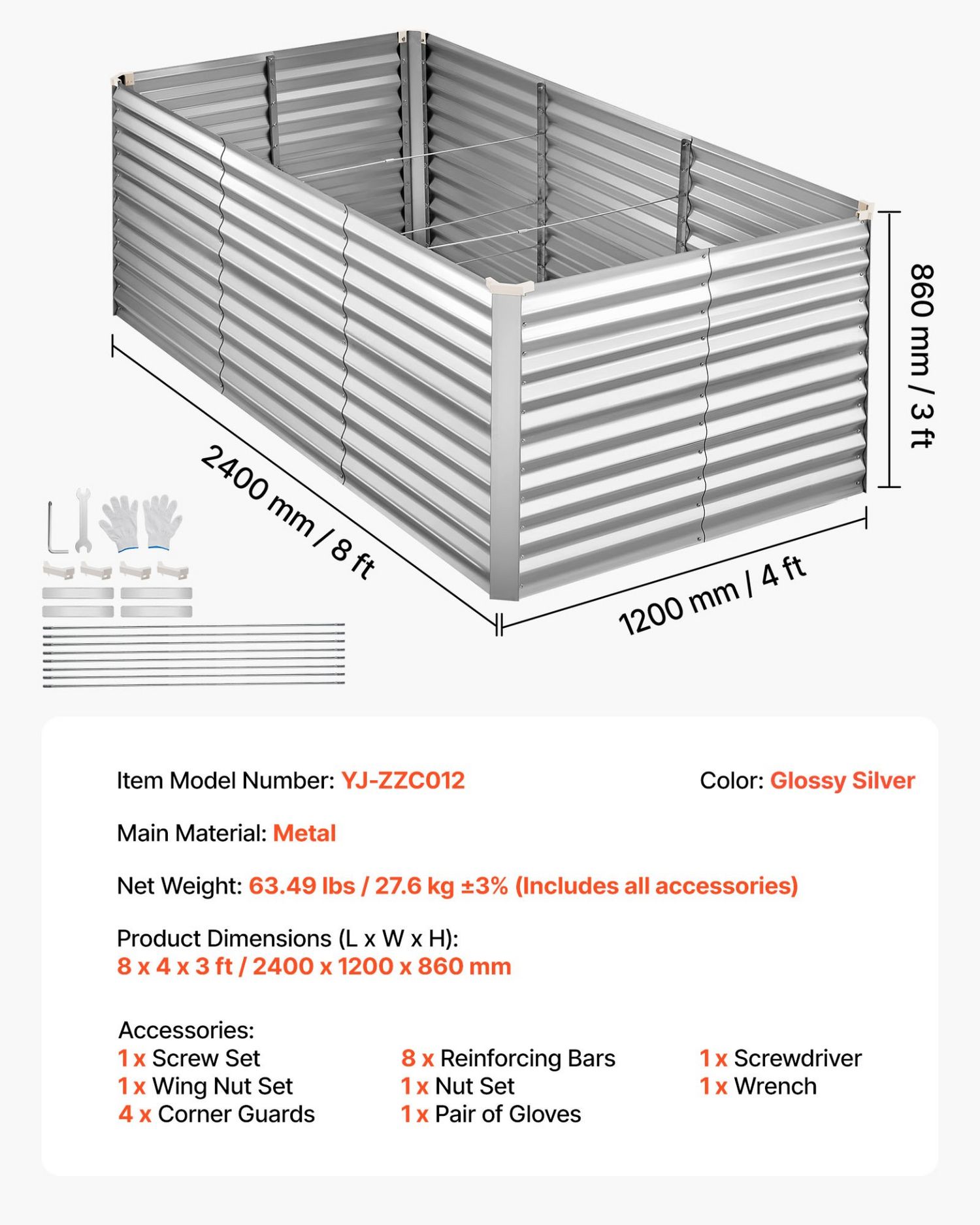 Start2Finish VEVOR galvanized raised garden bed 8x4x3 ft metal planter box with gloves, rustproof aluminum-zinc, outdoor flower and vegetable planting