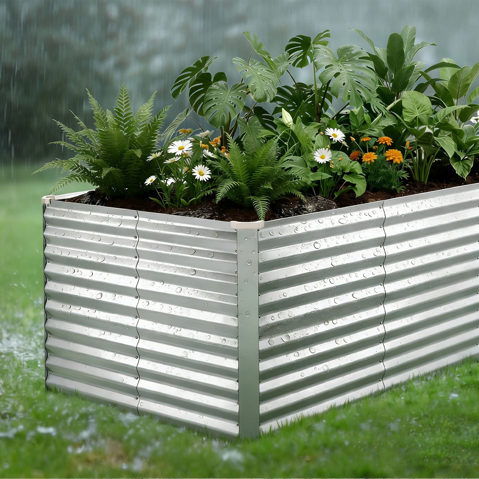 Start2Finish galvanized raised garden bed, 8x4x3 ft, rectangular metal planter box with gloves, rustproof aluminum-zinc for outdoor planting.