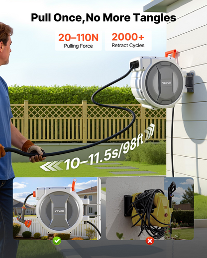 Start2Finish VEVOR 100 ft retractable garden hose reel with 9-function spray nozzle, wall mount, swivel bracket, and slow rewind system.