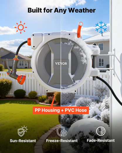 Start2Finish VEVOR retractable garden hose reel with 100 ft hose, spray nozzle, swivel bracket, and automatic rewind system.