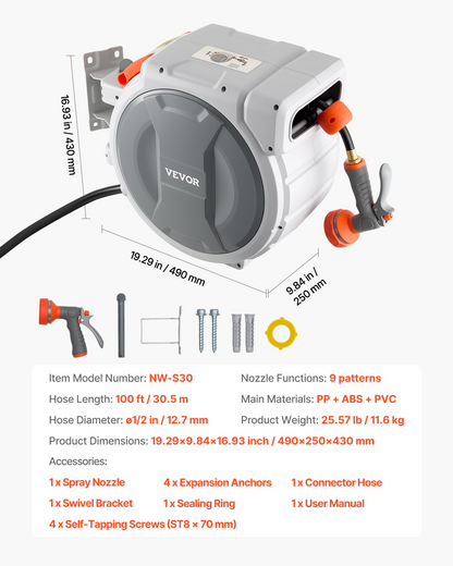 Start2Finish VEVOR retractable garden hose reel with 1/2 inch x 100 ft hose, wall-mounted, spray nozzle, and swivel bracket.