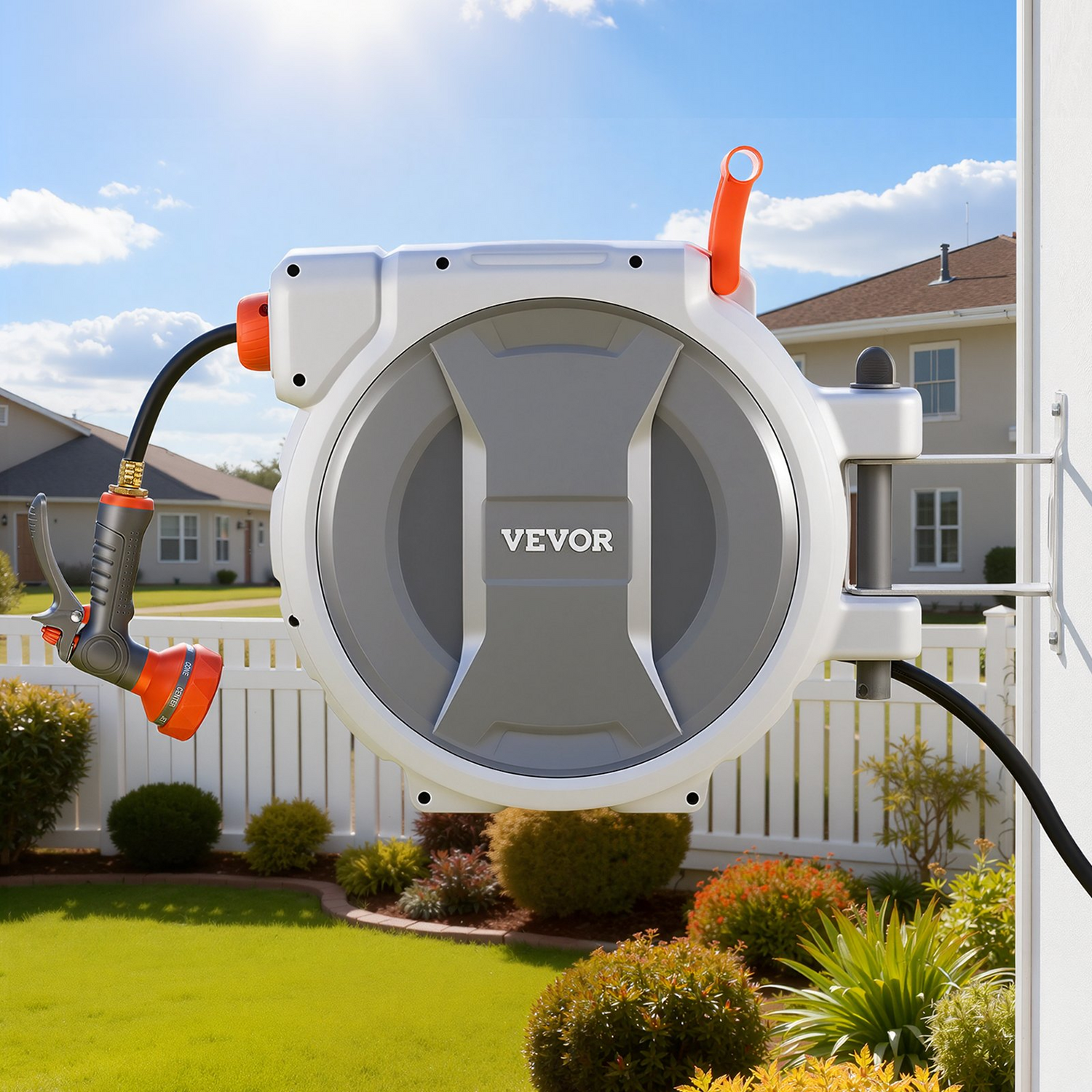 Start2Finish VEVOR retractable garden hose reel with 100 ft hose, 9-function spray nozzle, wall mount, and swivel bracket for watering