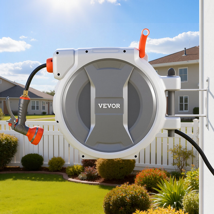 Start2Finish VEVOR retractable garden hose reel with 100 ft hose, 9-function spray nozzle, wall mount, and swivel bracket for watering