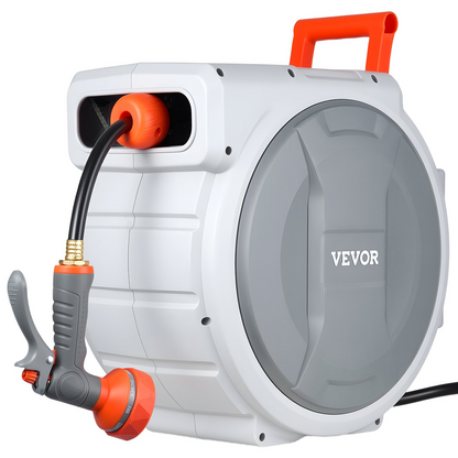 Start2Finish VEVOR retractable garden hose reel with 100 ft hose, 9-function spray nozzle, wall mount, and automatic rewind system.