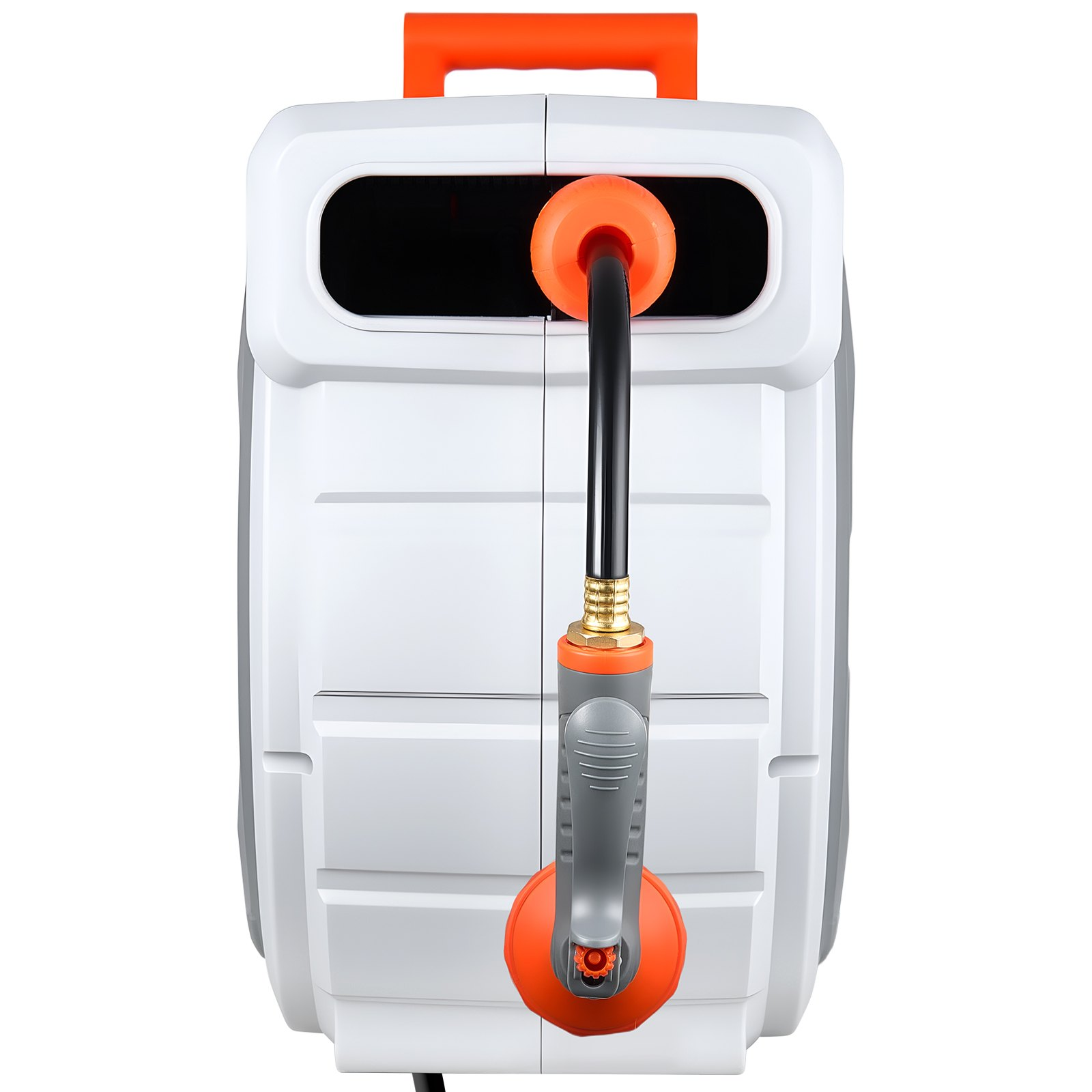 Start2Finish VEVOR retractable garden hose reel with 100 ft hose, wall mount, 9-function nozzle, and slow rewind system for outdoor watering.