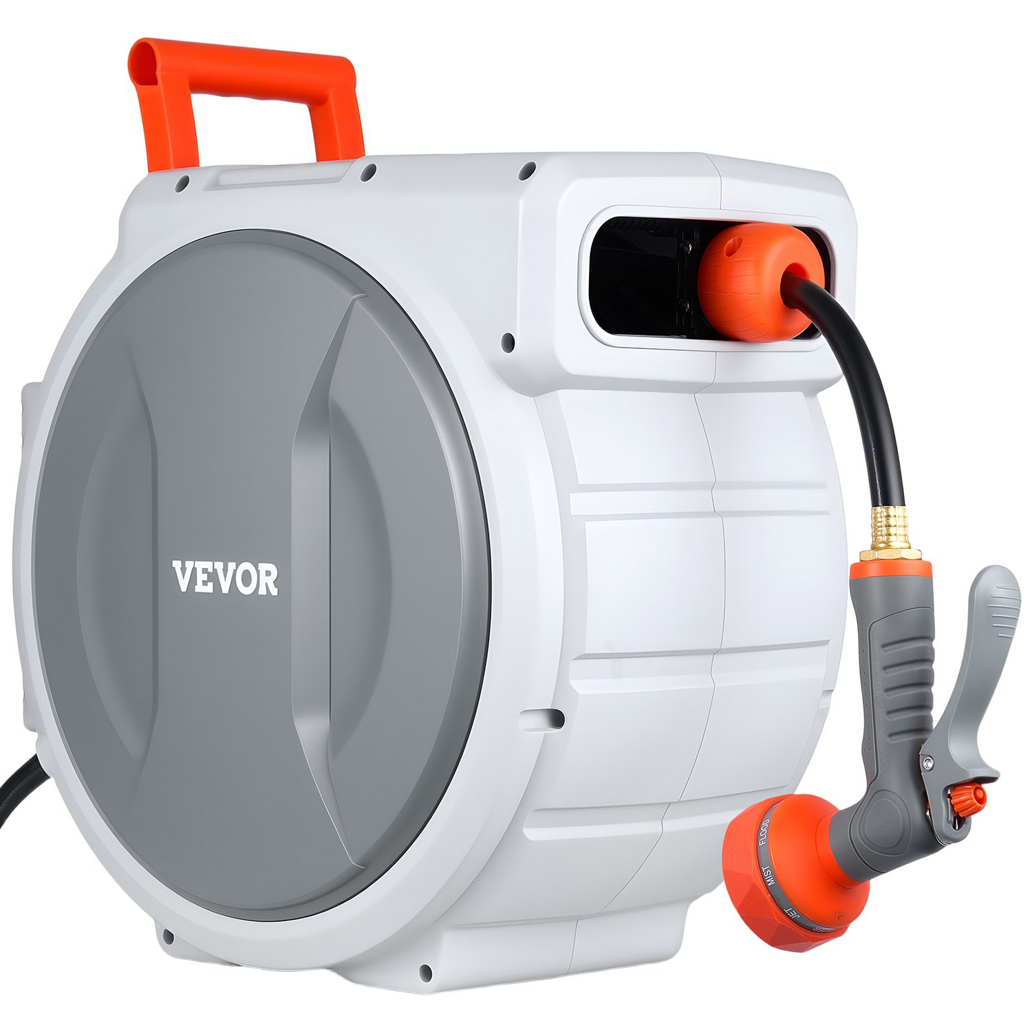 Start2Finish VEVOR retractable garden hose reel with 1/2 inch x 100 ft hose, wall mount, sprayer nozzle, and slow rewind system.