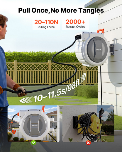 Start2Finish VEVOR retractable garden hose reel with 1/2 inch, 130 ft length, wall mount, 9-function nozzle, and automatic rewind.