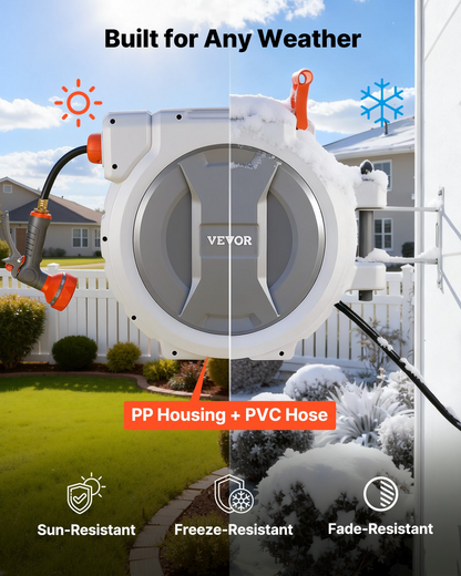 Start2Finish VEVOR retractable garden hose reel with 1/2 inch x 130 ft hose, wall mount, 9-function sprayer, and slow rewind system.