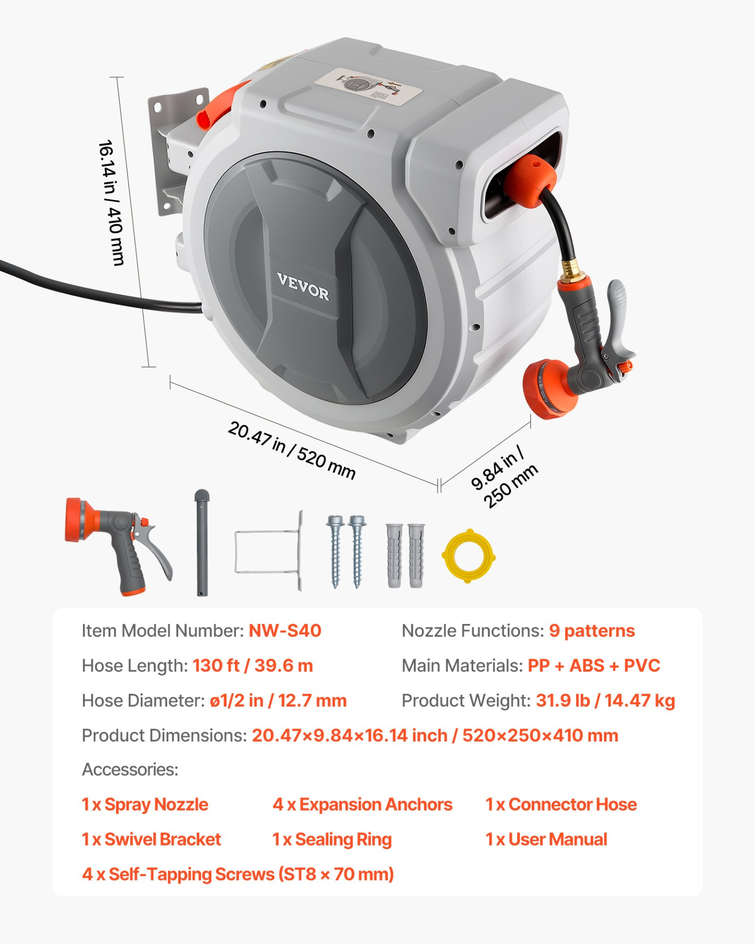 Start2Finish VEVOR retractable garden hose reel with 130 ft hose, wall mount, 9-function nozzle, and automatic rewind system for watering