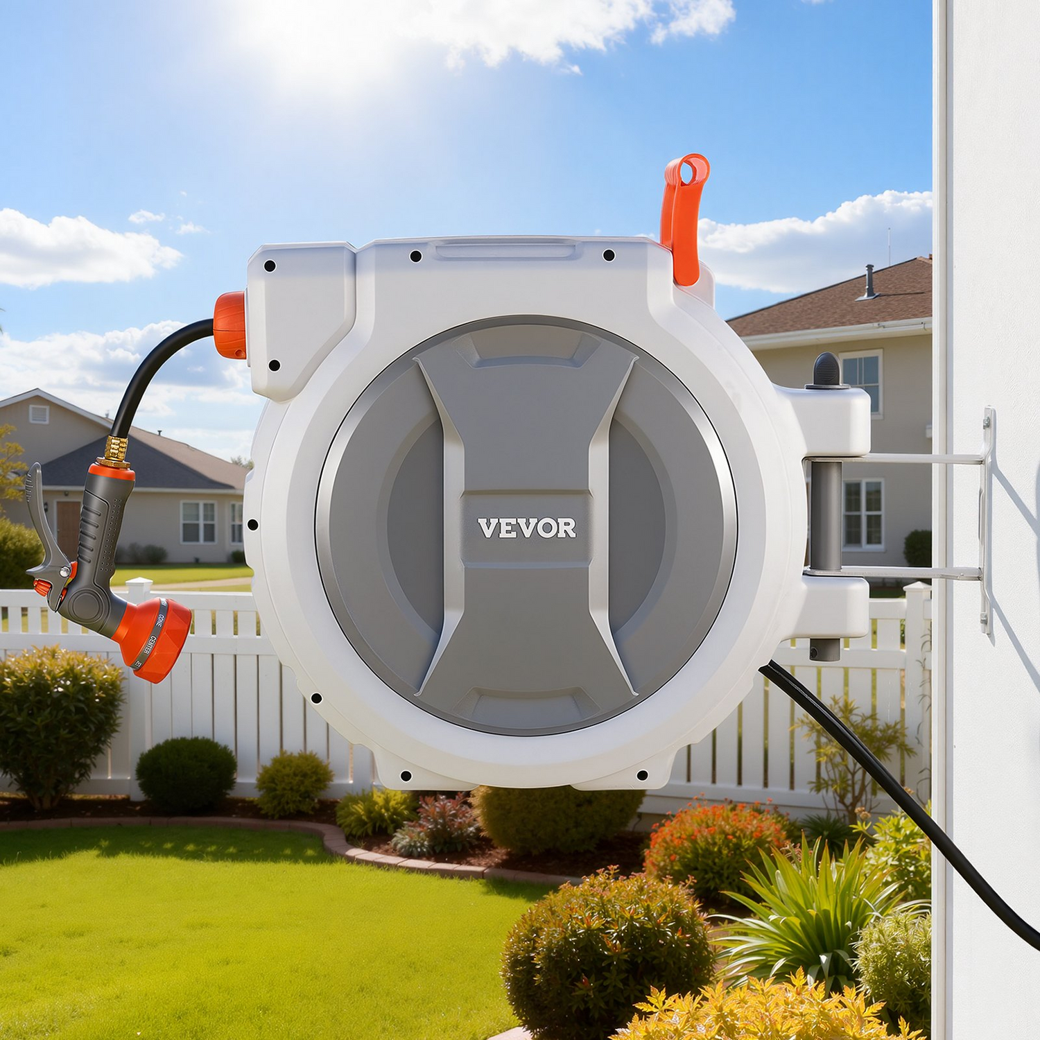 Start2Finish VEVOR 130 ft retractable garden hose reel with 9-function sprayer, wall mount, swivel bracket, and automatic rewind system.