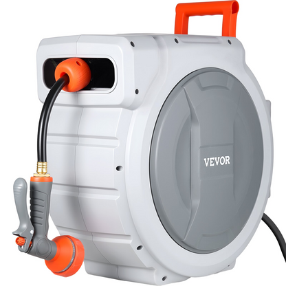 Start2Finish VEVOR retractable garden hose reel with 1/2 inch, 130 ft length, wall mount, 9-function sprayer, and slow rewind system.