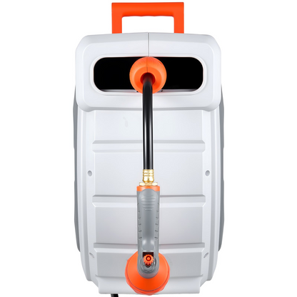 Start2Finish VEVOR 130ft retractable garden hose reel with wall mount, 9-function sprayer, swivel bracket, and automatic rewind system.